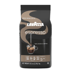 Lavazza Espresso whole bean coffee bag; 2.2 lb, ideal for fresh-ground mornings.