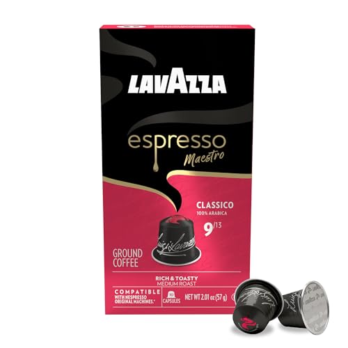 Lavazza Classico capsules close-up highlighting premium 100% Arabica coffee.