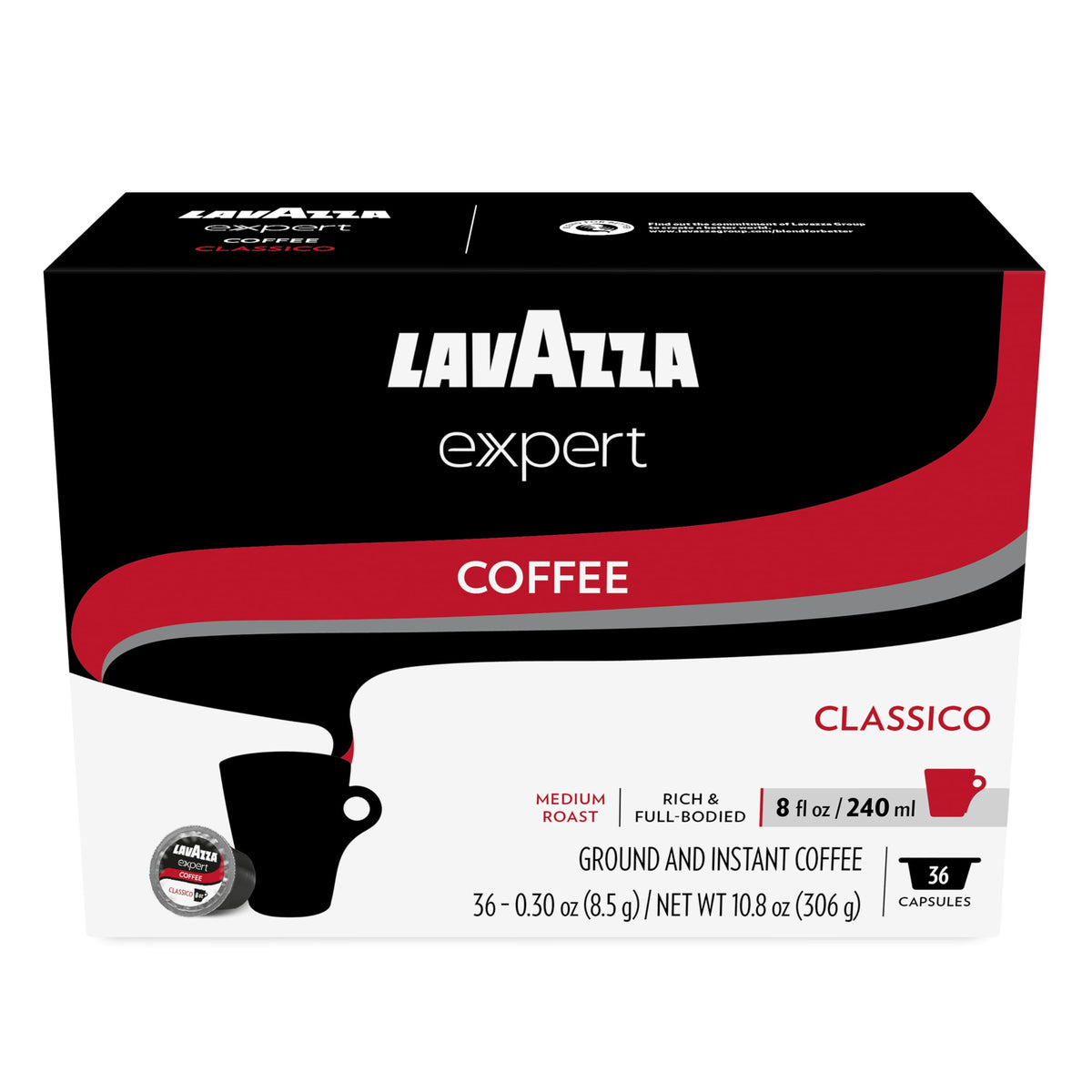 Lavazza Expert Classico coffee capsules pack – rich medium roast for an 8 oz drip cup.