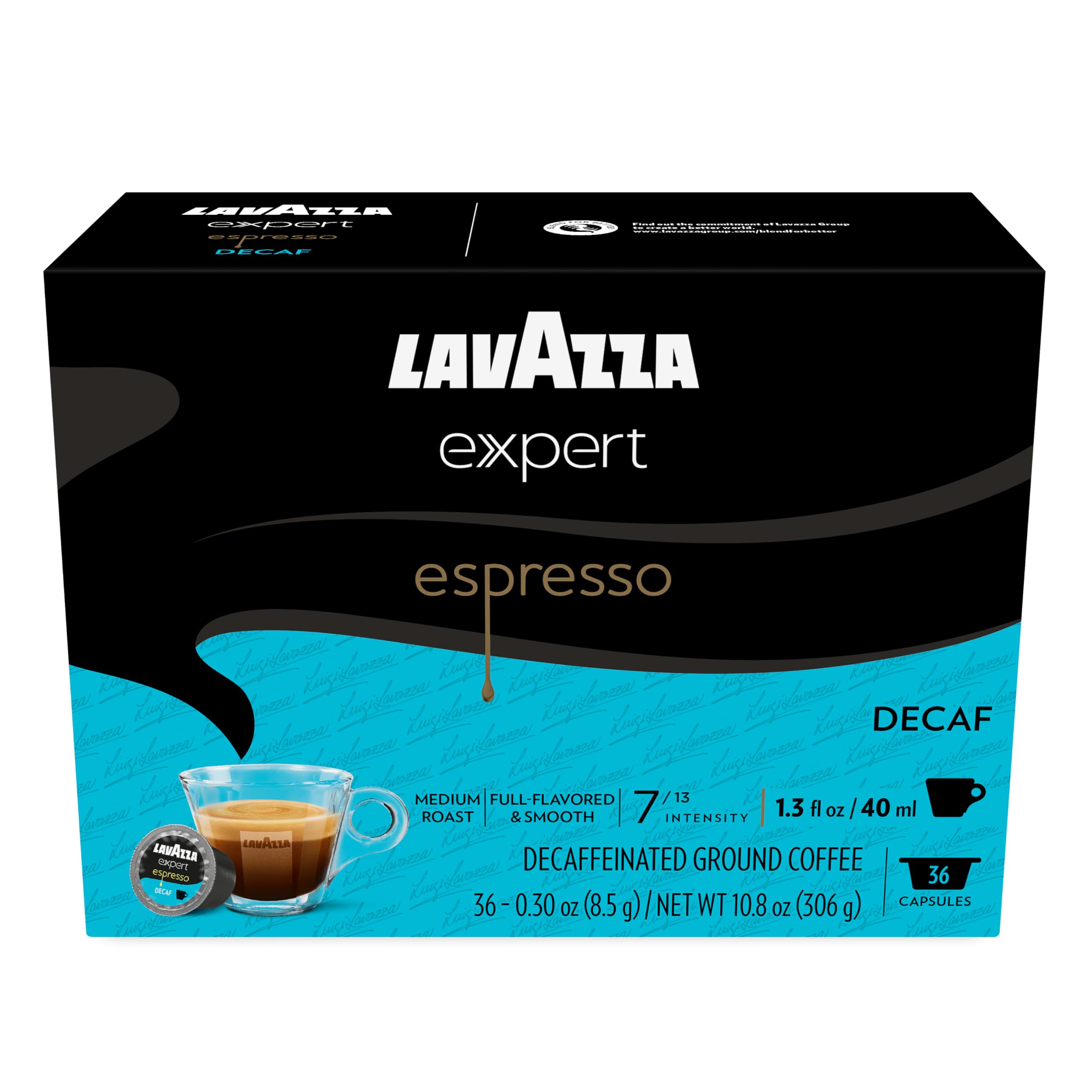 Lavazza Expert Decaf capsules box for easy home espresso.