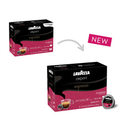 Lavazza Expert Espresso Classico capsules closeup highlighting 100% Arabica beans.