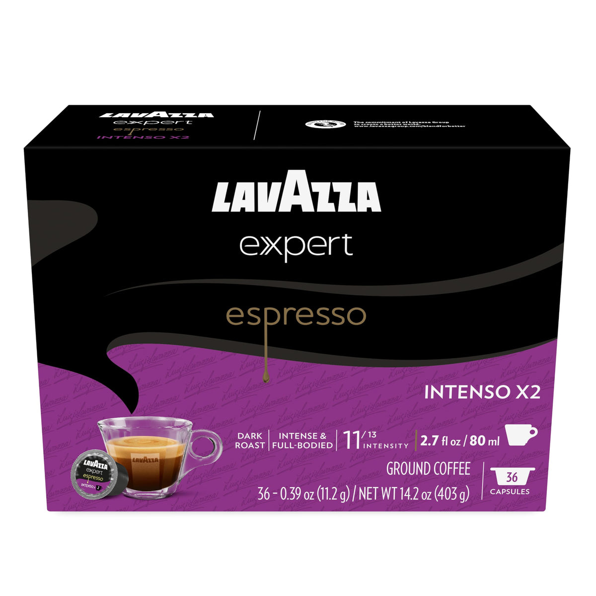 Lavazza Expert Espresso Intenso double-shot capsules pack showing bold, convenient coffee option