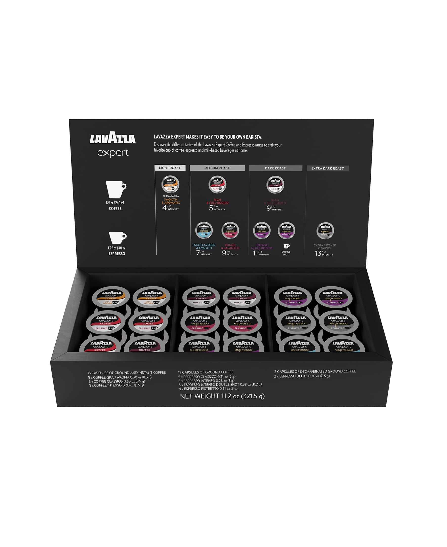 Lavazza Expert Variety Pack capsules arranged for versatile espresso and drip coffee.