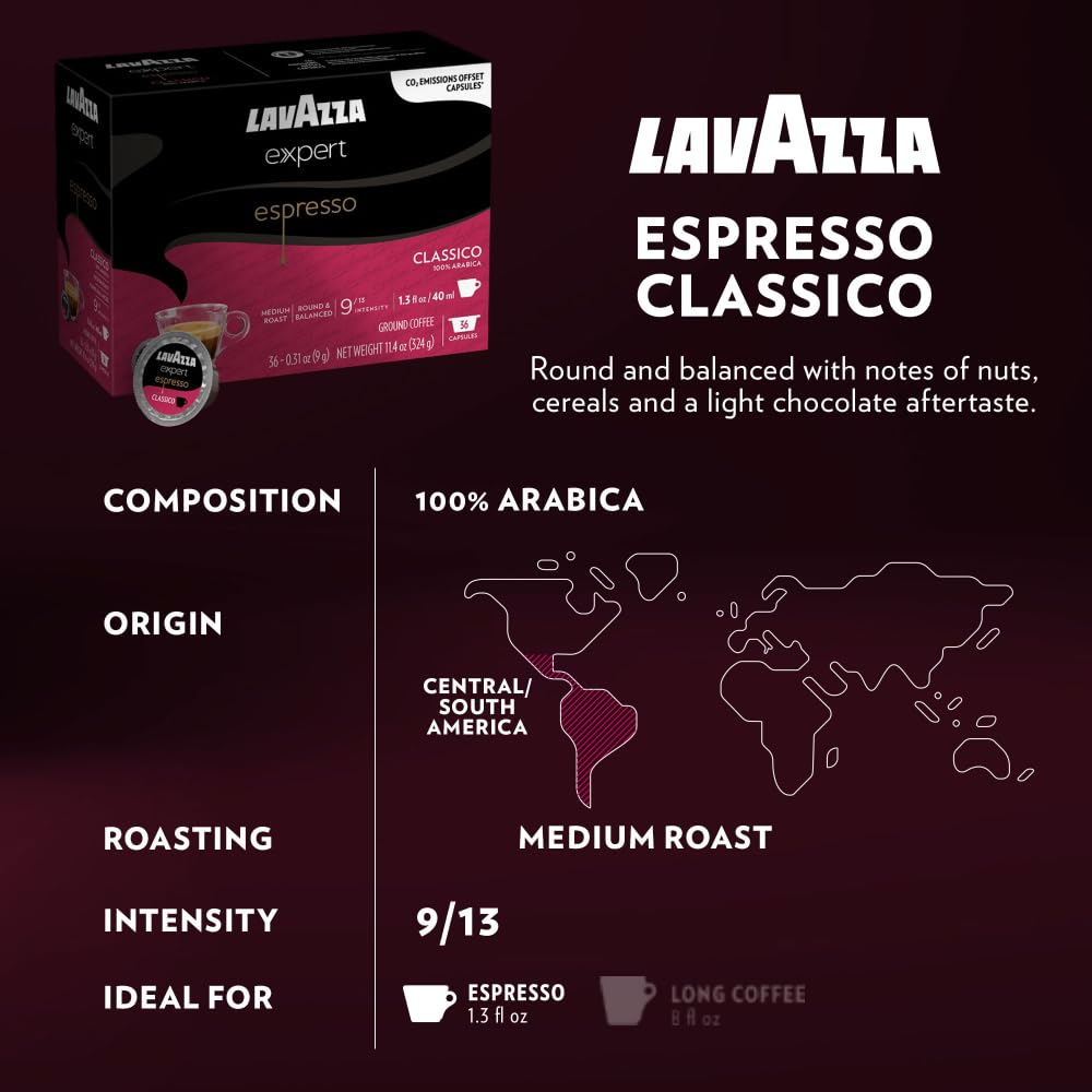 Lavazza Expert dark roast capsules deliver bold espresso experience.