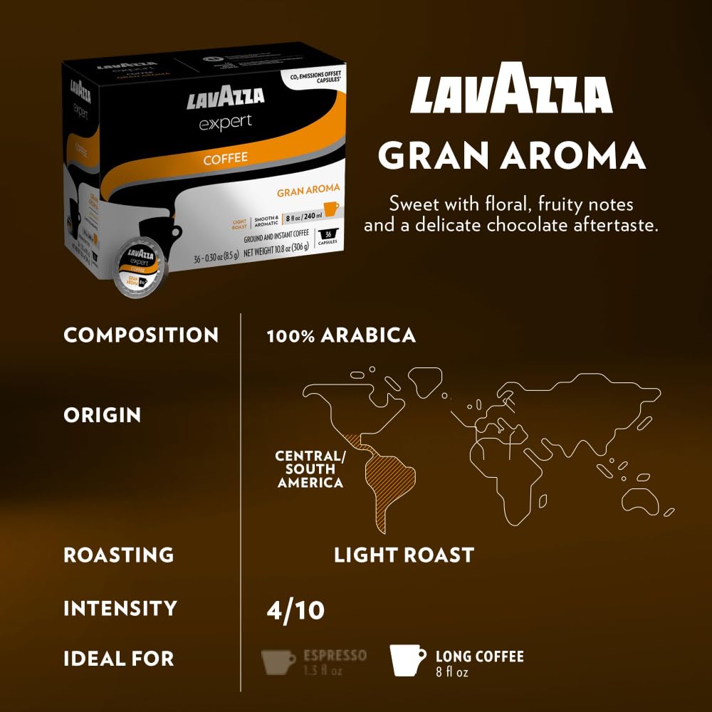 Lavazza Expert Espresso Intenso capsules yield rich crema and fullness.