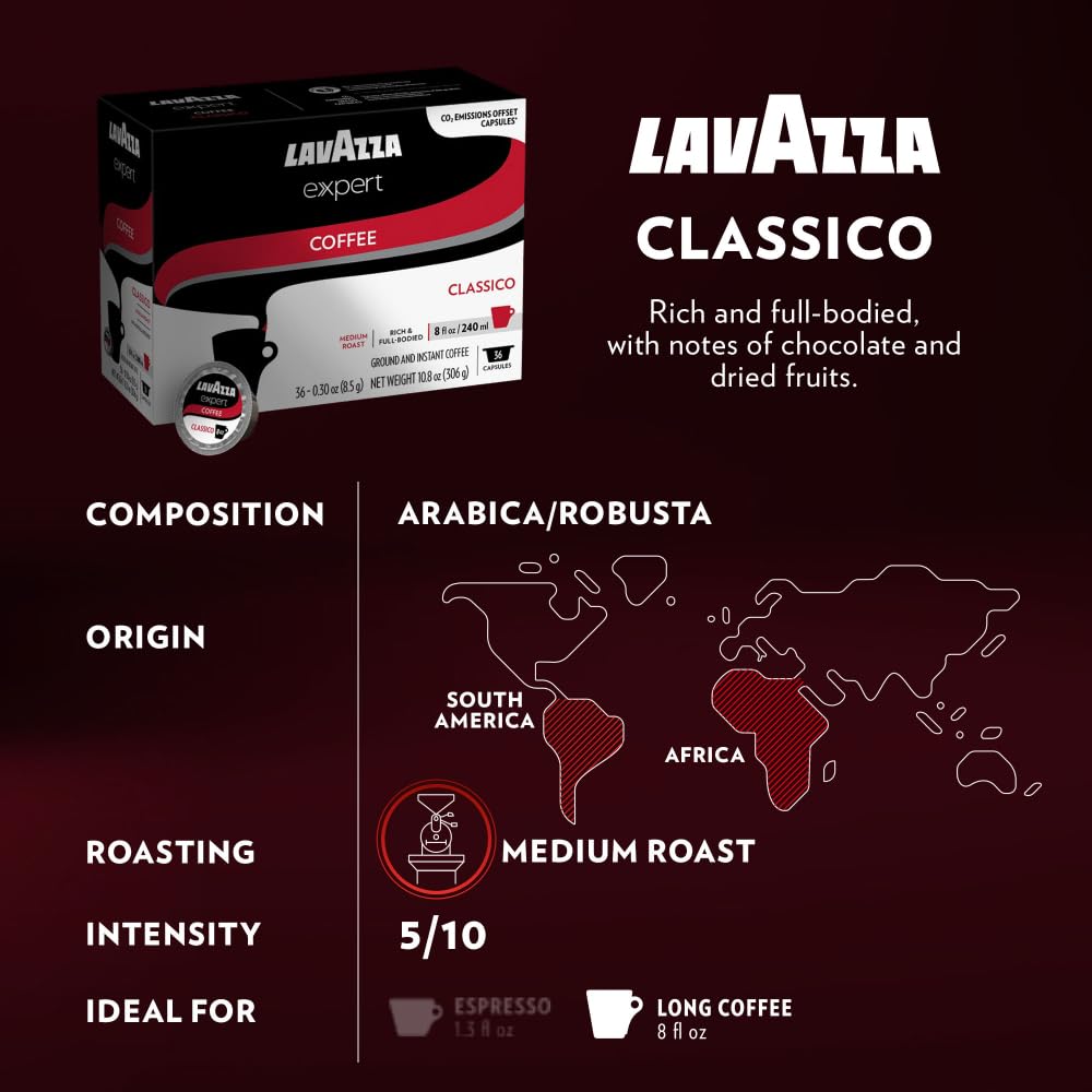 Lavazza Expert medium roast capsules provide balanced flavor for everyday coffee.