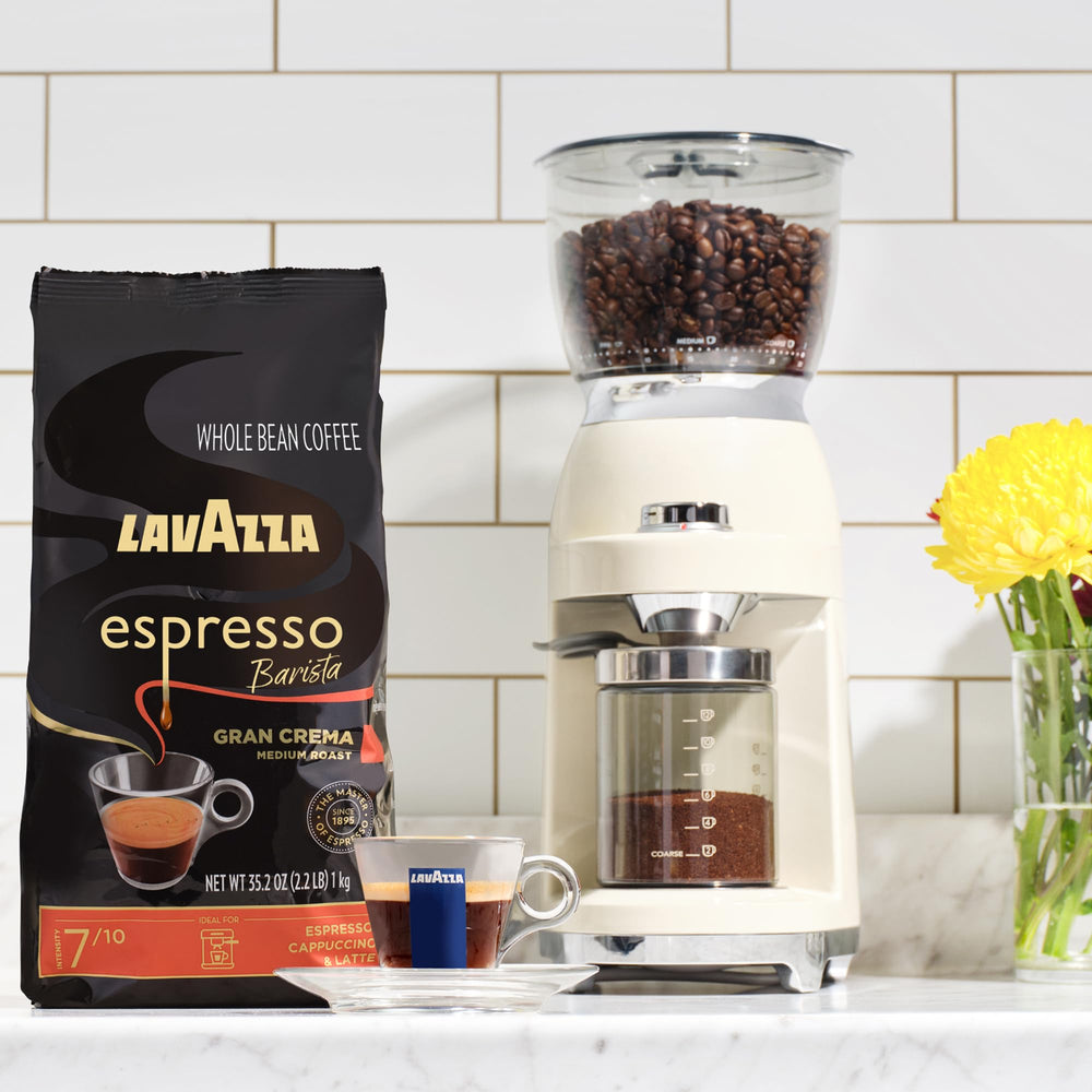 Lavazza Gran Crema espresso dark roast captures bold flavor for shots.