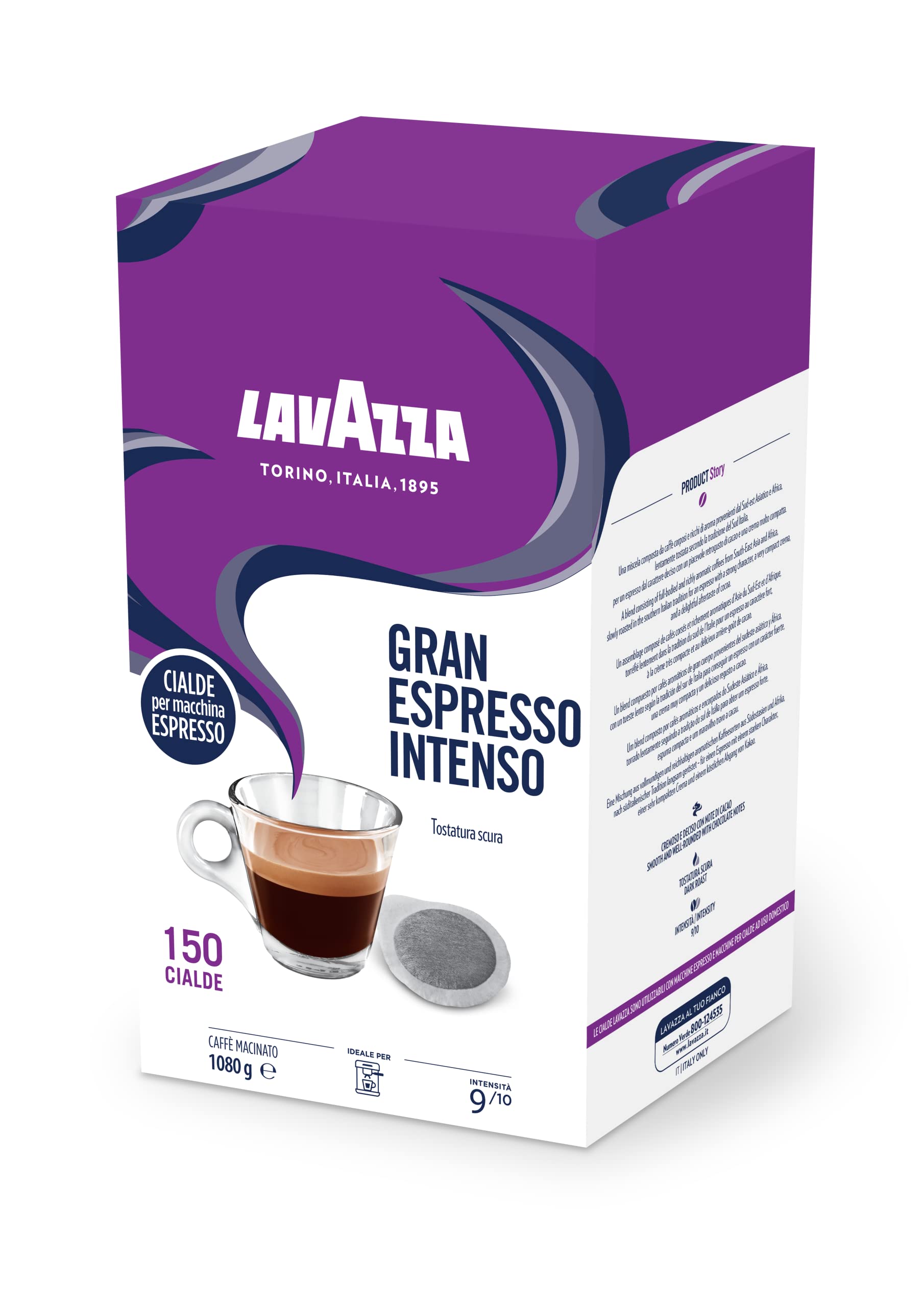 Lavazza Gran Espresso Intenso espresso cup, rich cocoa and dried fruit notes in bold, authentic flavor.