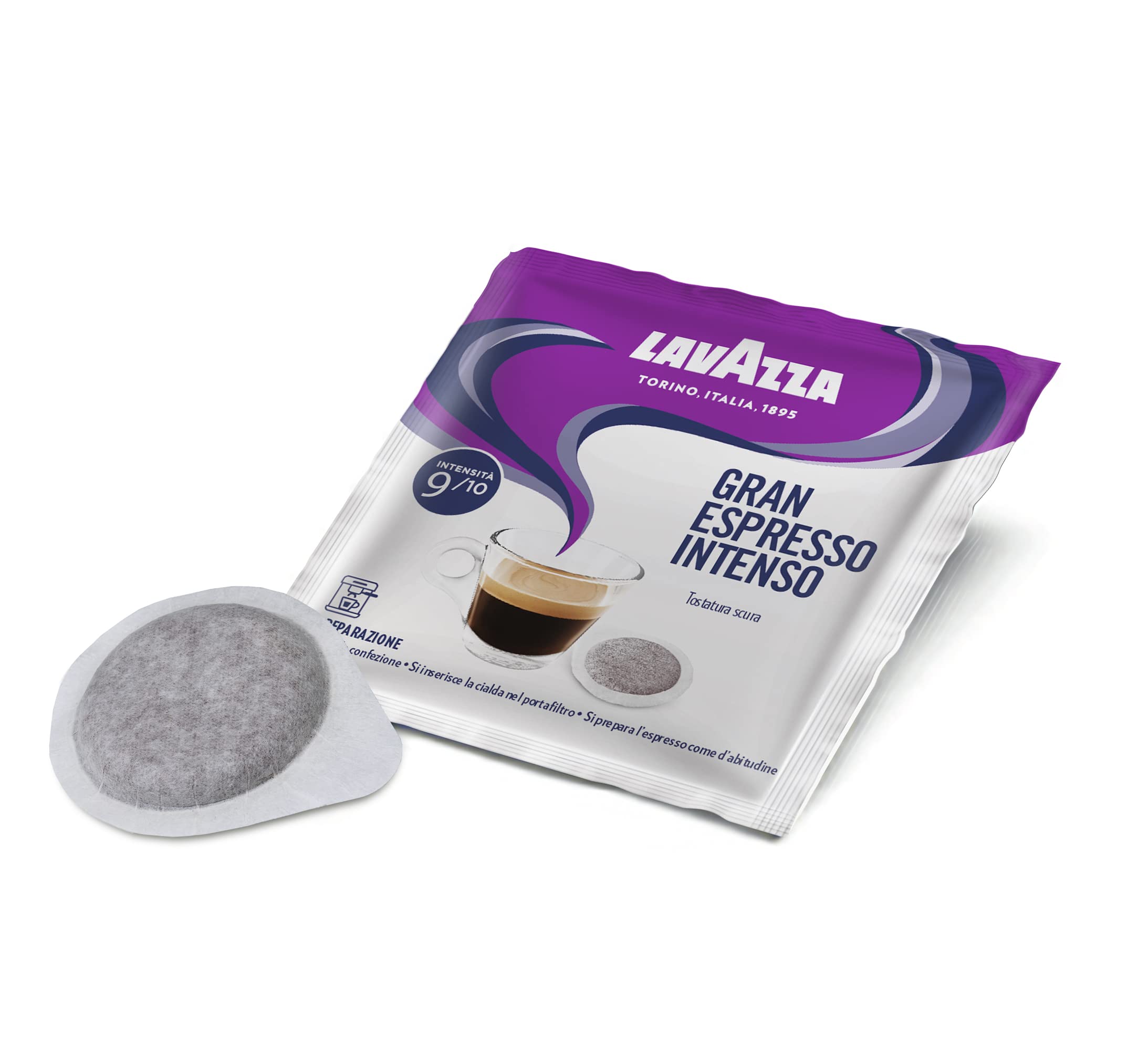 Lavazza Gran Espresso Intenso pods pack, convenient E.S.E. format for quick espresso at home.