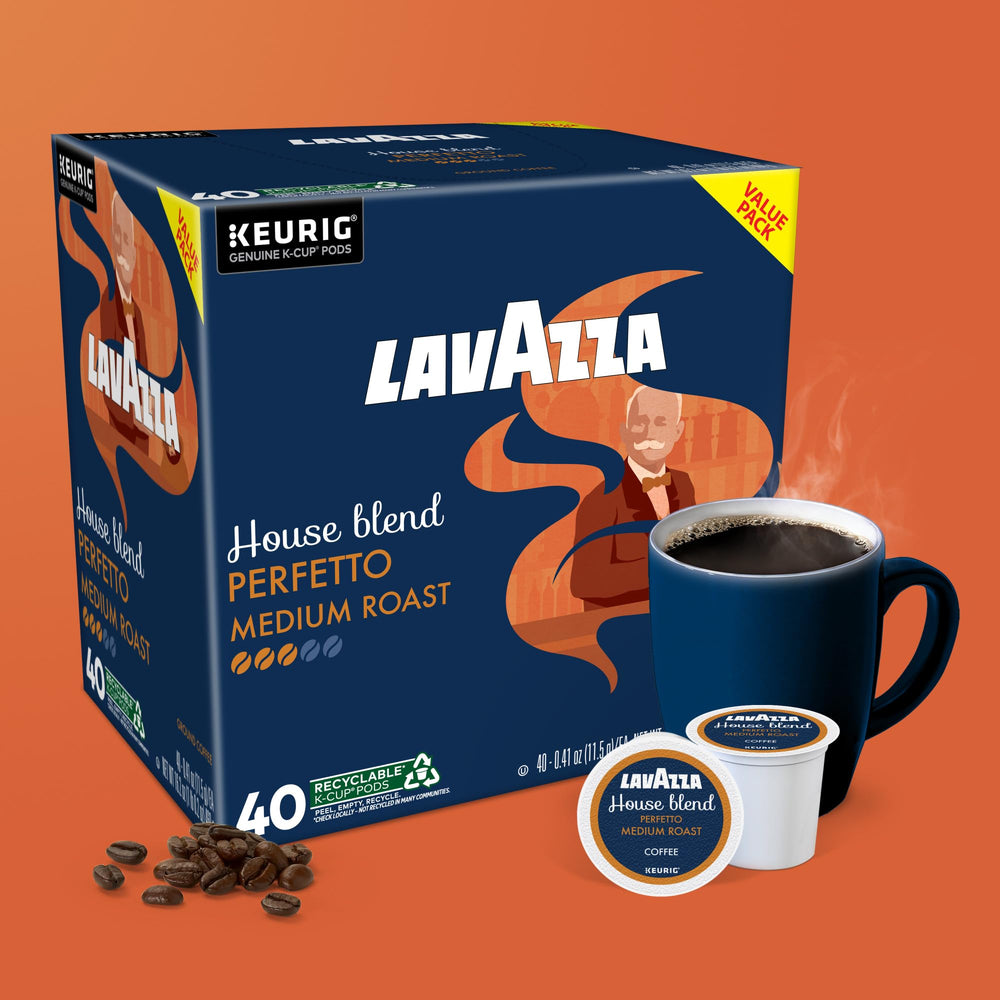Lavazza House Blend Perfetto k-cups stack for efficient office brew.