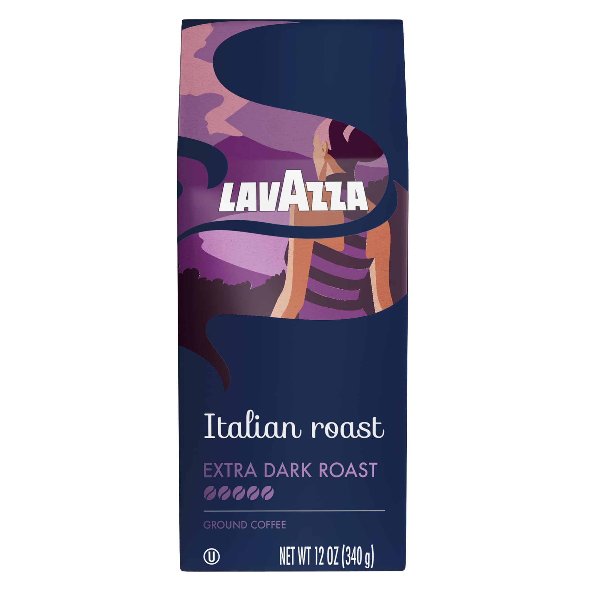 Lavazza Italian Roast ground coffee bag front view for bold mornings.
