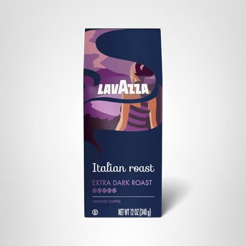 Lavazza Italian Roast packaging showcases sustainability notes and brand commitment.