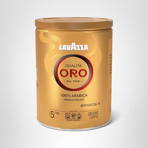 Lavazza Qualità Oro four-pack coffee tin setup for home brewing.