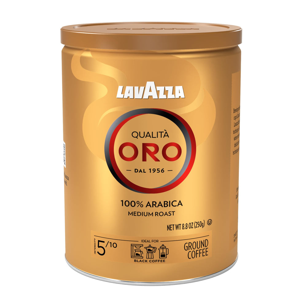 Lavazza Qualità Oro ground coffee tin in a four-pack, ideal for espresso.