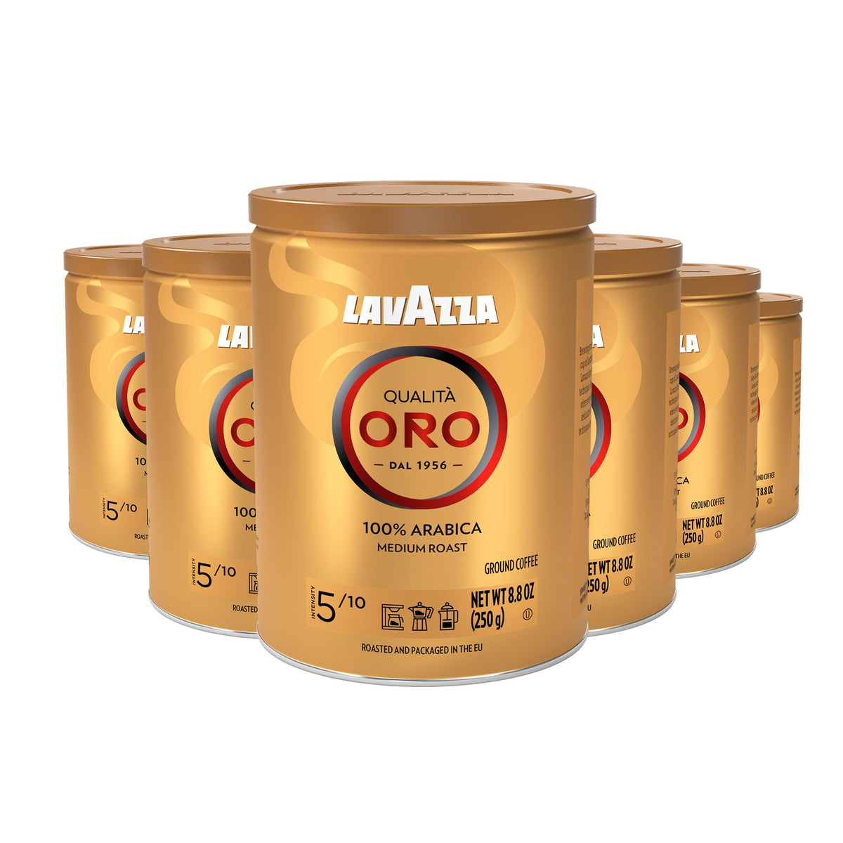 Lavazza Qualità Oro tin for espresso shot aroma and balanced flavor.