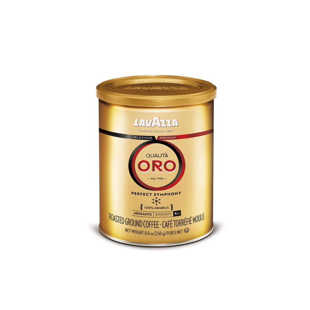 Lavazza Qualità Oro tin shows French press compatibility for a velvety finish.