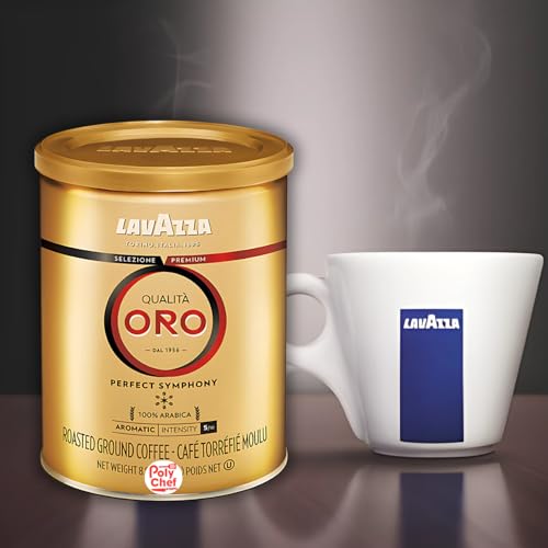Lavazza Qualità Oro ground coffee can displaying rich aroma ideal for moka and espresso.