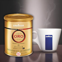 Lavazza Qualità Oro ground coffee can displaying rich aroma ideal for moka and espresso.