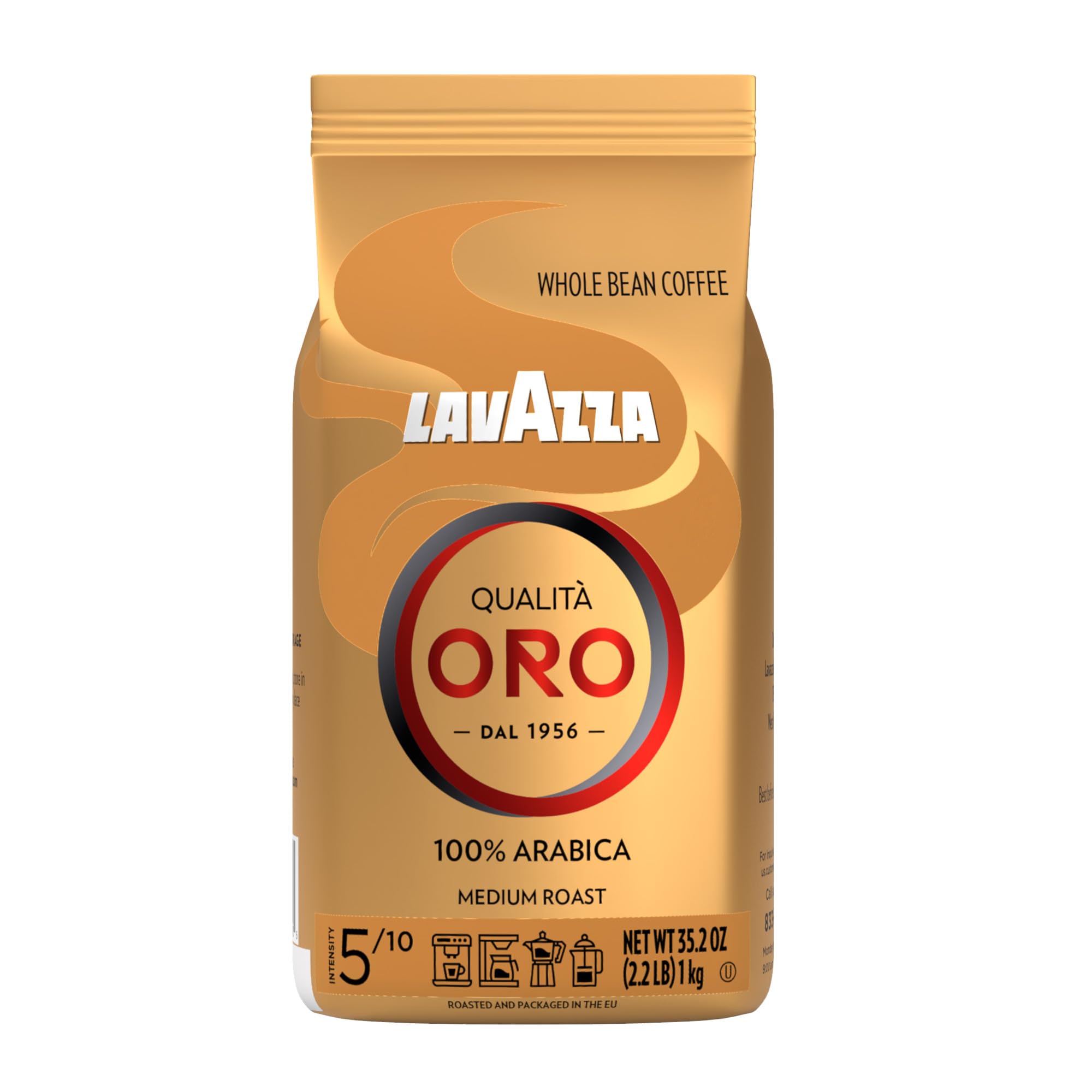 Lavazza Qualità Oro whole bean pack front, showcasing premium Arabica blend for rich aroma.