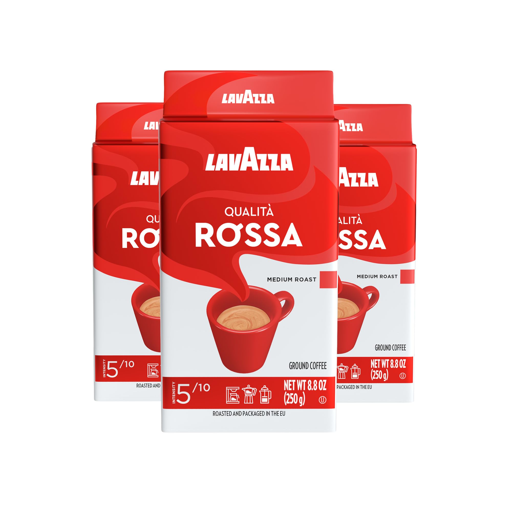 Lavazza Qualità Rossa ground coffee 8.8 oz brick for versatile espresso and drip brewing.