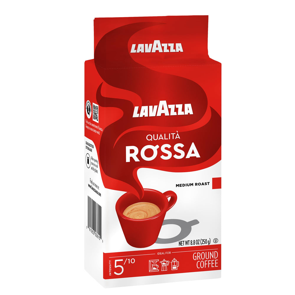 Lavazza Qualità Rossa ground coffee bag close-up preserves freshness.