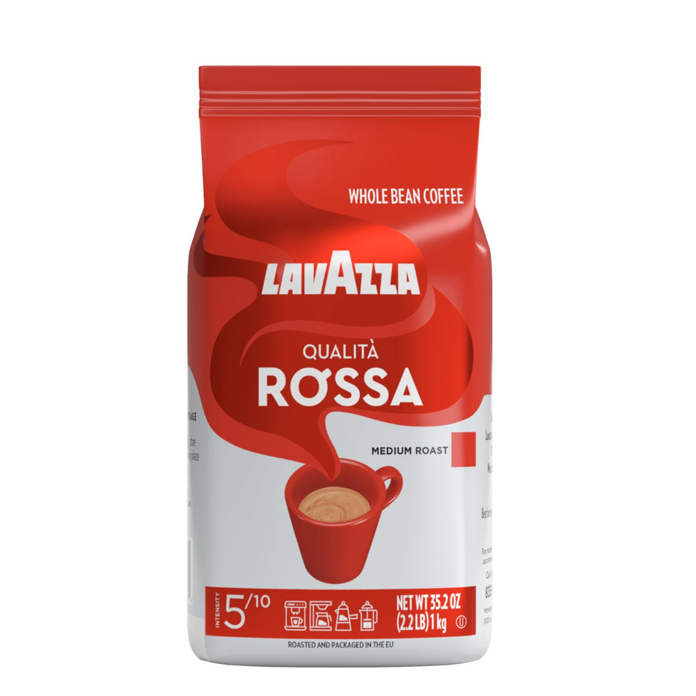 Lavazza Qualità Rossa whole bean bag for versatile espresso or drip brewing.