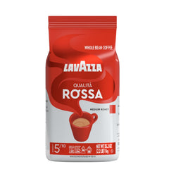 Lavazza Qualità Rossa whole bean bag for versatile espresso or drip brewing.