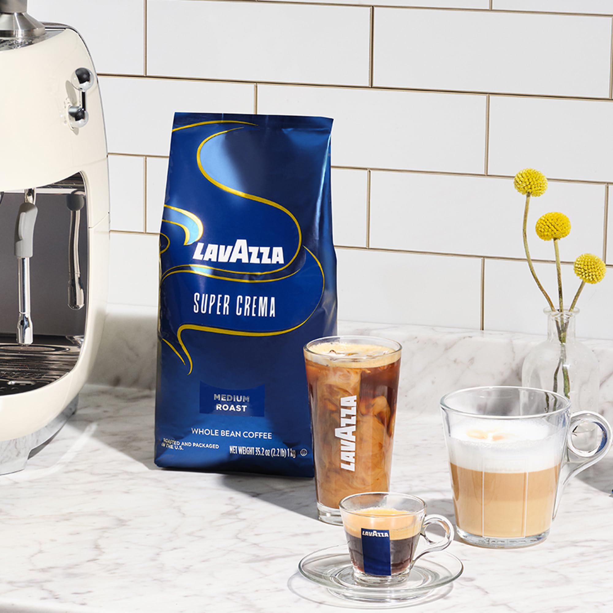 Lavazza Super Crema Arabica-Robusta blend delivers balanced body and aroma.