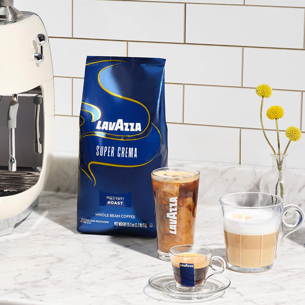 Lavazza Super Crema Arabica-Robusta blend delivers balanced body and aroma.