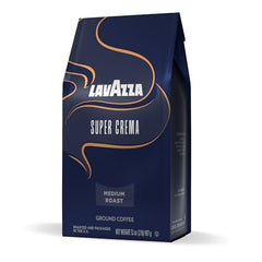 Lavazza Super Crema bag back reveals blend origin and international sourcing.