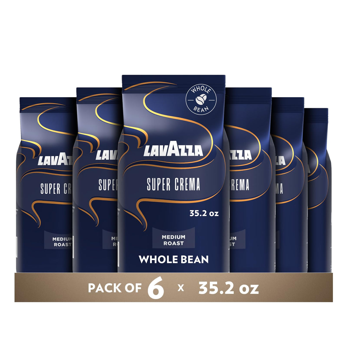 Lavazza Super Crema bean bag front shows premium beans for rich, balanced espresso.