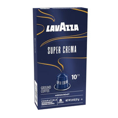 Lavazza Super Crema capsules pack shot for convenient single-serve espresso.