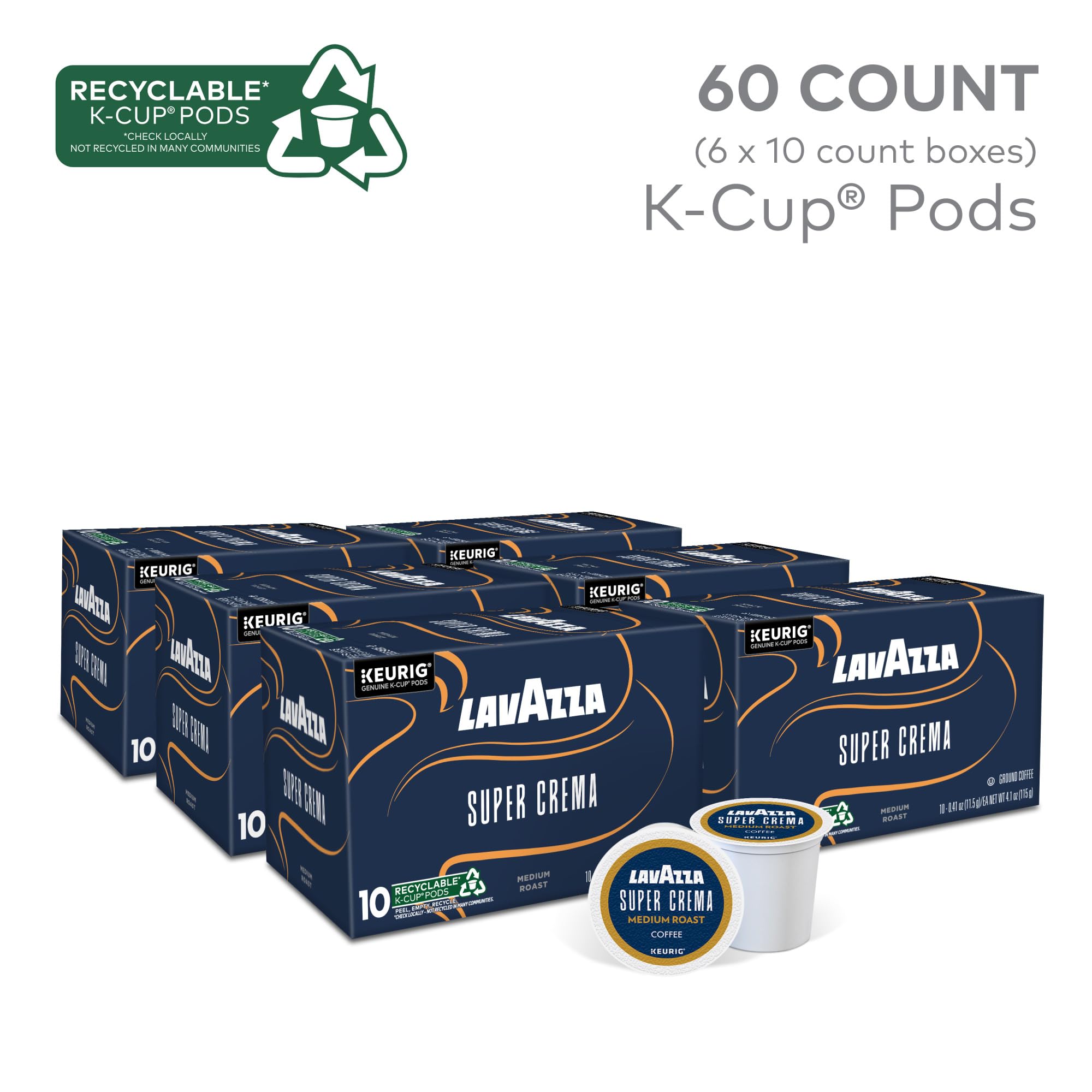 Front view of Lavazza Super Crema K-Cup pods ready for single-serve brewing