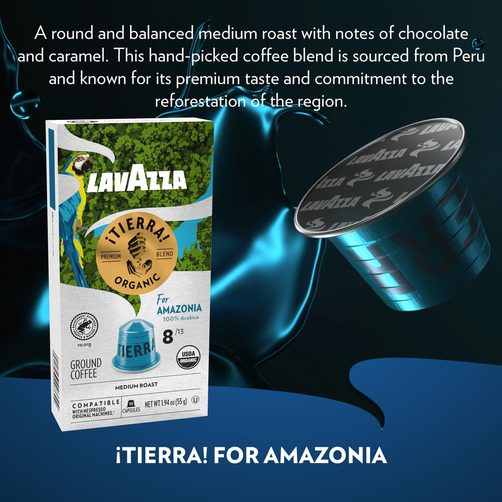 Lavazza Tierra Amazonia espresso being poured with crema and rich color