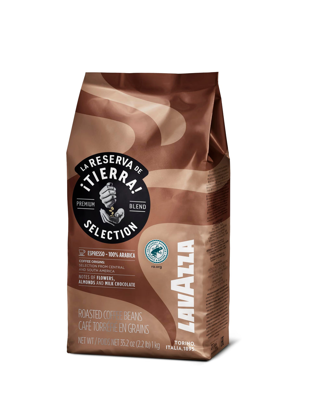 Lavazza Tierra bag paired with cup, ready to brew at home.