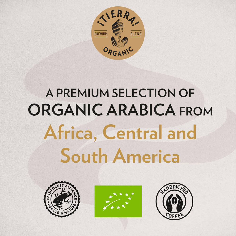Lavazza Tierra! Organic for Planet organic certifications badge indicates eco-friendly sourcing.