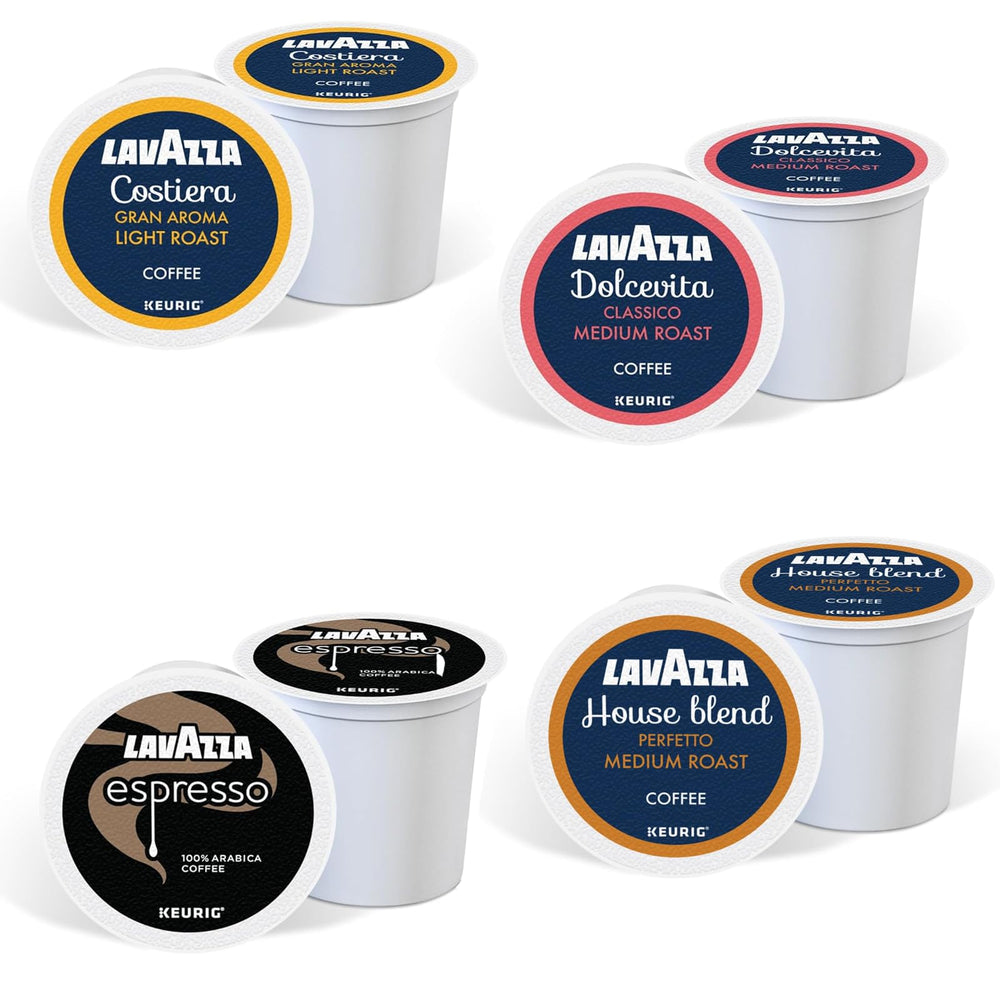 Lavazza variety bundle K-Cup box shows four blends for Keurig brewing.