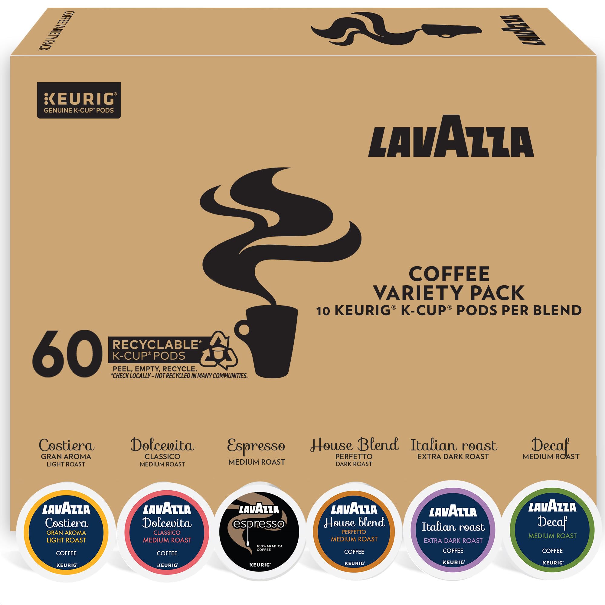 Lavazza variety pack with 60 K-Cups shown for Keurig brewers, highlighting variety and convenience.
