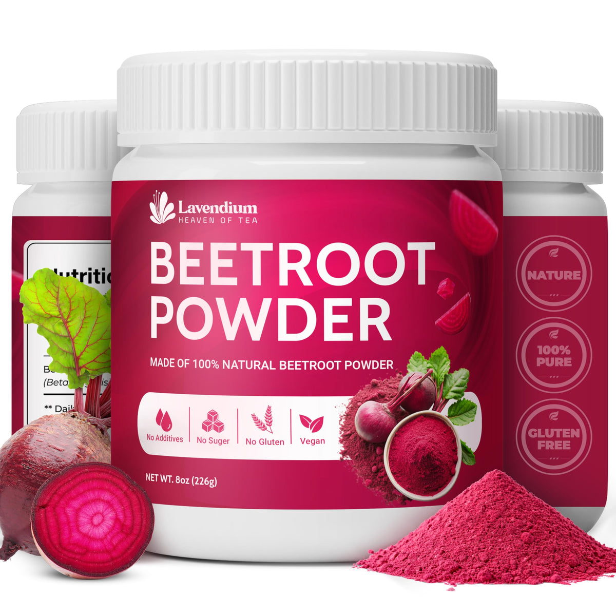 Lavendium Beetroot Powder 8oz packaging close-up showing pure color for natural cooking.