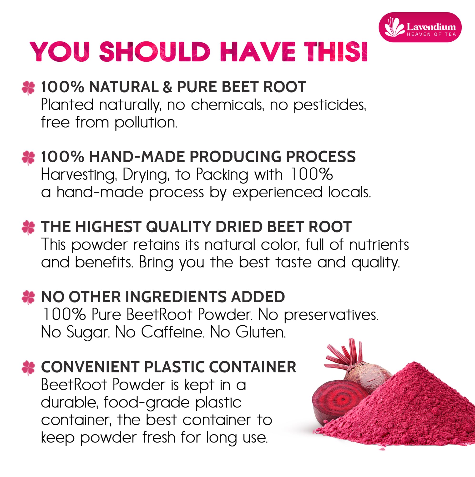 Lavendium Beetroot Powder finely ground texture ideal for smoothies and baking.