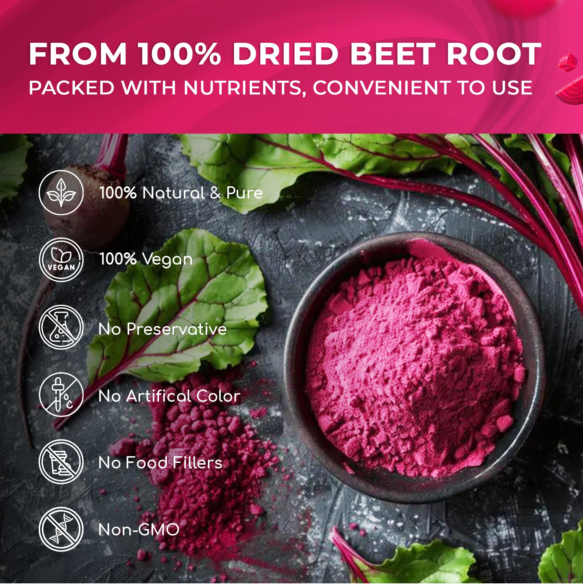Lavendium Beetroot Powder in jar with spoon for vibrant cake color.