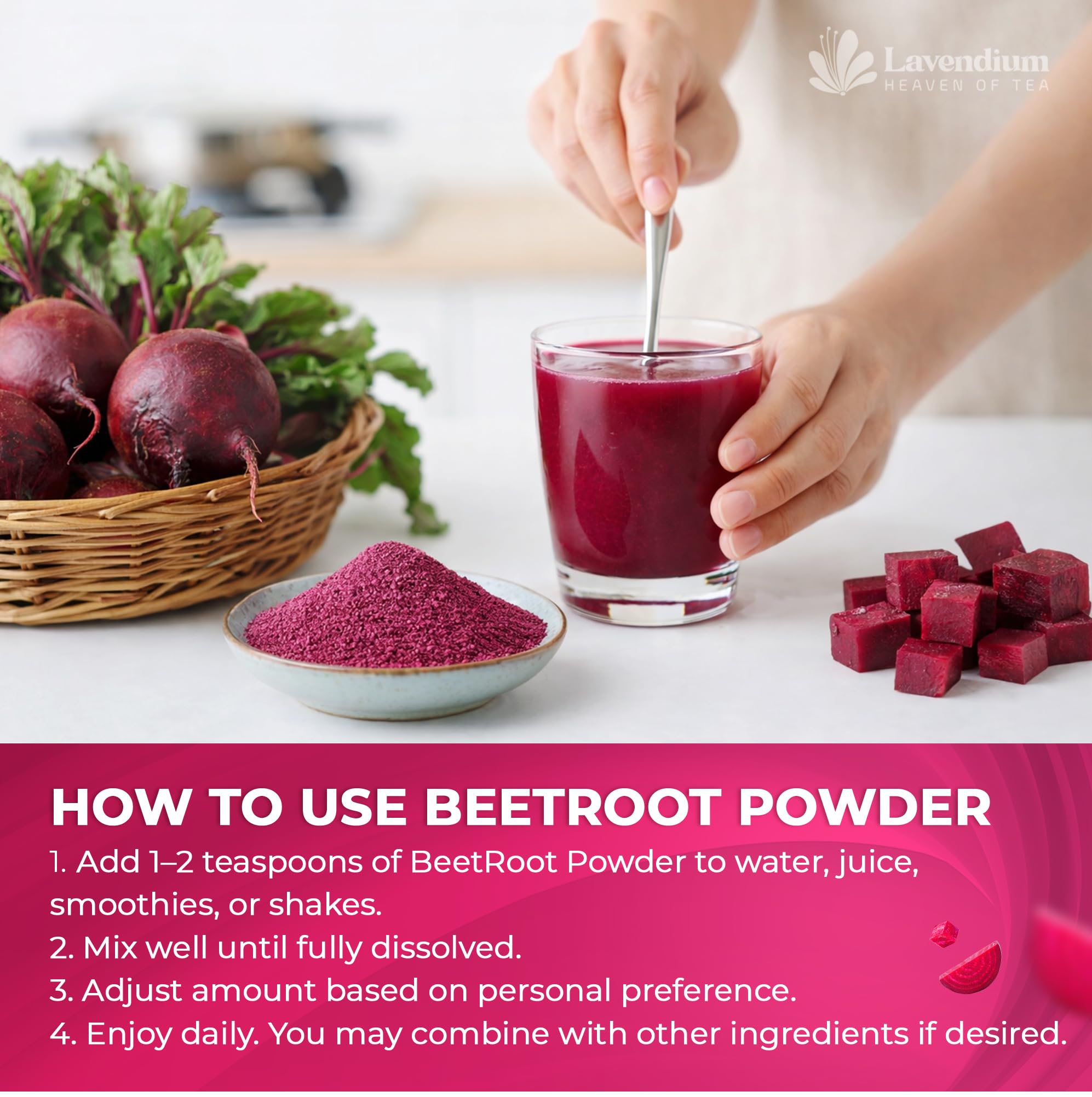 Lavendium Beetroot Powder adds color to bread and desserts.