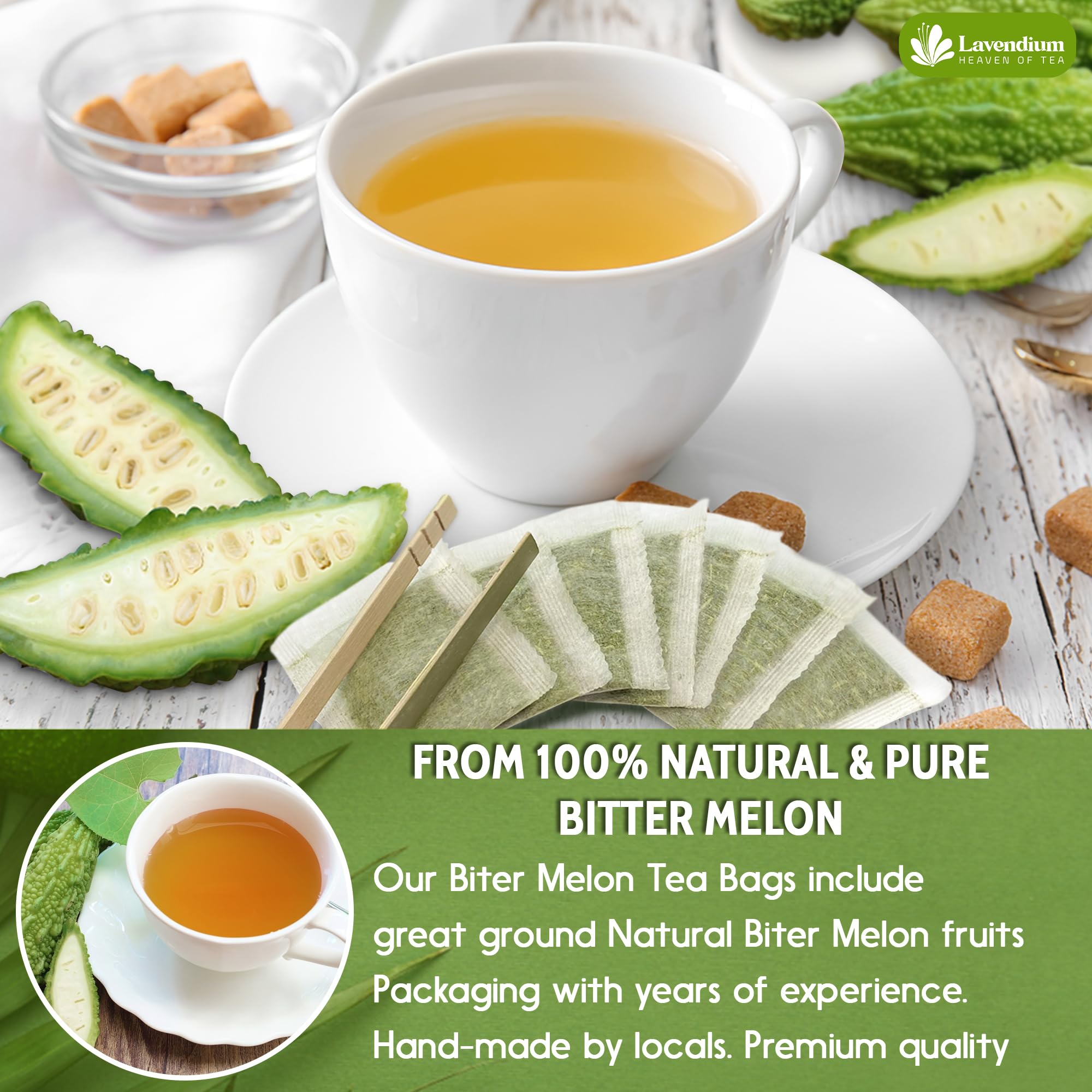 Lavendium bitter melon tea bag made from corn fiber.