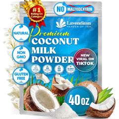 Lavendium coconut milk powder 40oz pouch on pantry shelf for creamy coffee and tea.