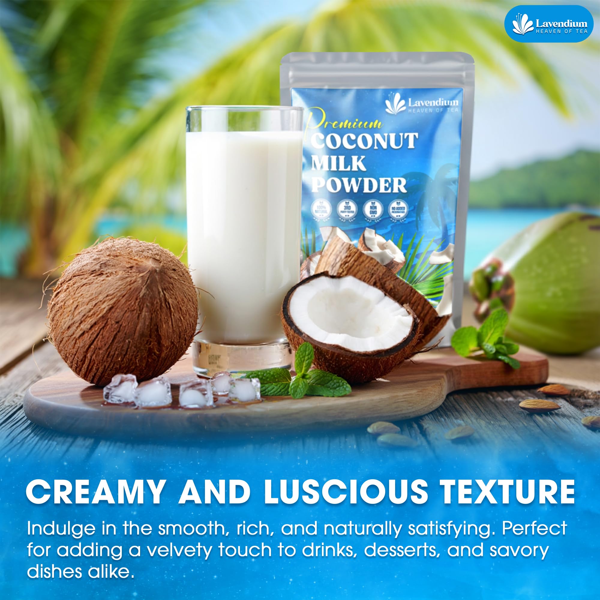 Lavendium Coconut Milk Powder on kitchen counter with resealable pouch