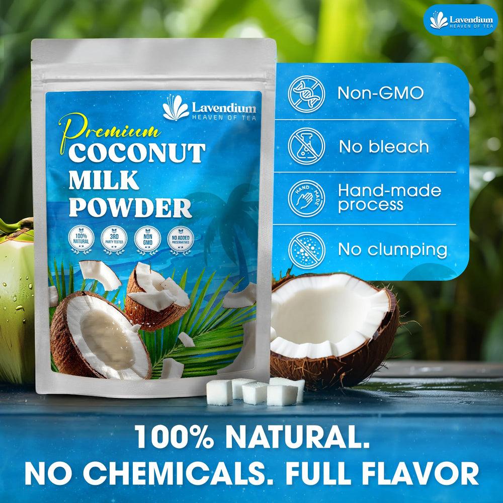 Lavendium coconut milk powder beside a teacup enhances unsweetened drinks with coconut aroma.