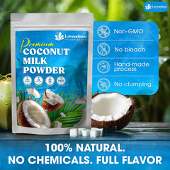 Lavendium coconut milk powder beside a teacup enhances unsweetened drinks with coconut aroma.