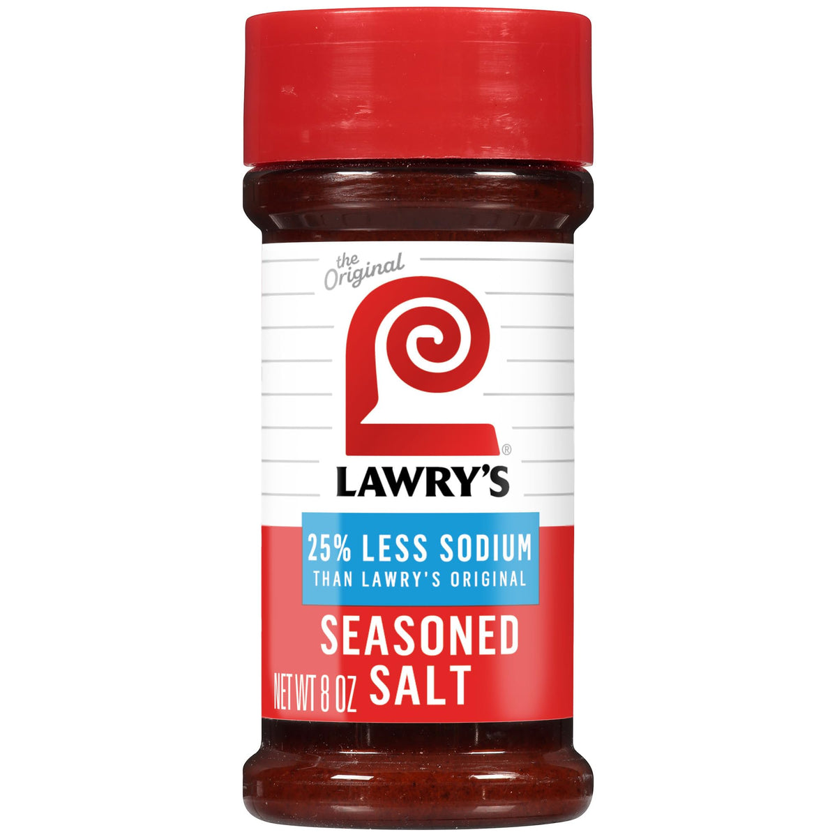 Lawry's 25% Less Sodium Seasoned Salt bottle close-up for quick weeknight flavor.