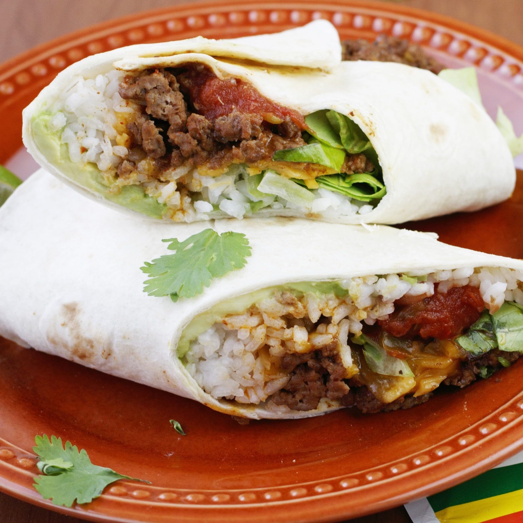 Finished burrito plated with Lawry's restaurant-style flavor.