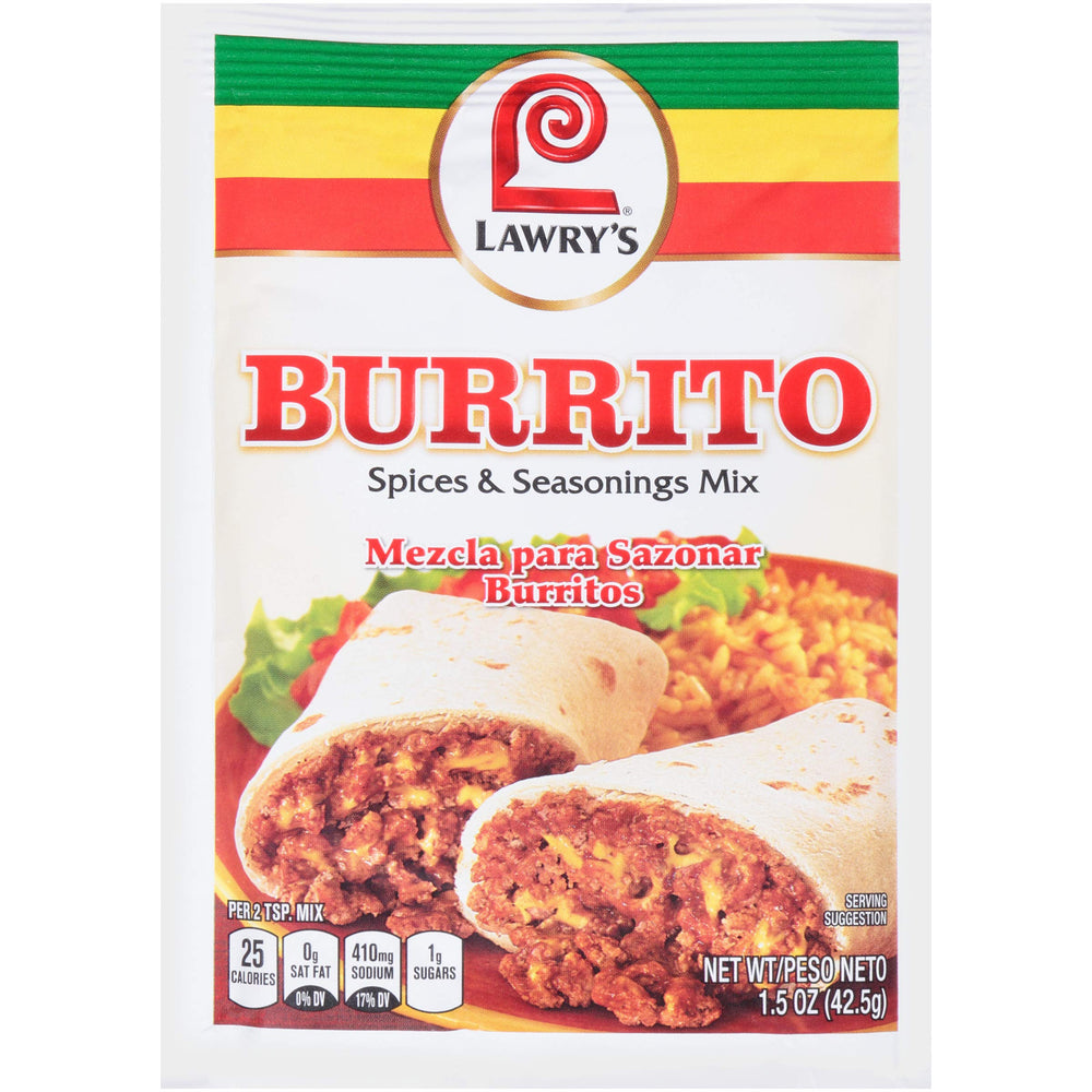 Lawry's Burrito Spice Mix bottle beside peppers for quick weeknight dinners.